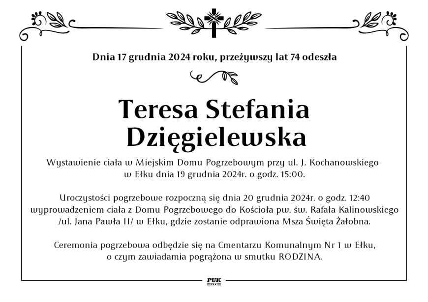 Teresa Stefania Dzięgielewska - nekrolog